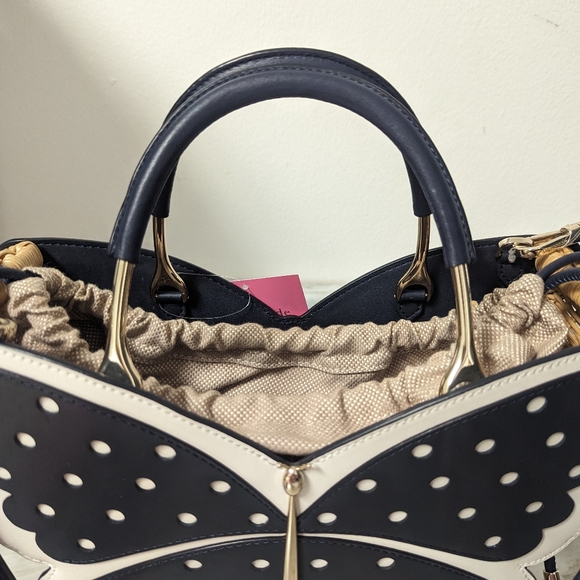 ♠️ Kate Spade Blue & White Wing it Polka Dot Wicker Butterfly Bag - Picture 4 of 12